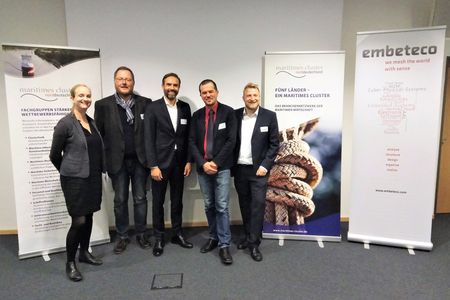 Referents, specialsit group leaders and moderators at the founding workshop of the new specialist group "Innovation Management – methods, financing and subsidies“ (f.l.t.r.): Jessica Wegener (Managing director MCN e. V.), Matthias Brucke (owner embeteco GmbH & Co. KG, specialist group leader), Axel Weber (CEWE Stiftung & Co. KGaA), Prof. Dr. Axel Hahn (OFFIS e. V., specilaist group leader), Henning Edlerherr (MCN e. V., MCN regional office Niedersachsen) – Image rights: MCN e. V.